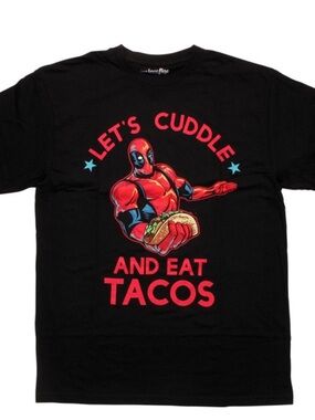 Funny Marvel Deadpool graphic T-shirt featuring the phrase “Let’s Cuddle and Eat